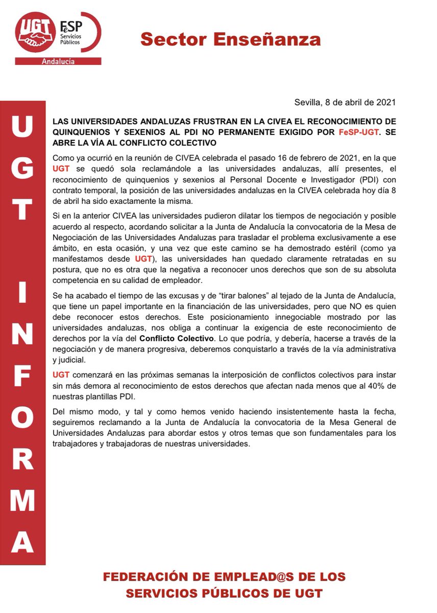 UgtUs's tweet photo. La postura de las Universidades Andaluzas en la reunión de la CIVEA celebrada hoy 8 de abril, nos aboca al Conflicto Colectivo por su negativa a la reivindicación del reconocimiento de méritos docentes (quinquenios) e investigadores (sexenios) para todo el PDI laboral temporal. https://t.co/KpecuwxWv7