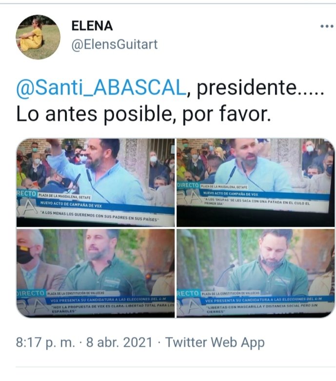 ElensGuitart's tweet photo. @Santi_ABASCAL #GetafeEnPie.
Sois lo que Madrid y España necesita. 
¡Adelante! https://t.co/cTtreGpsvZ