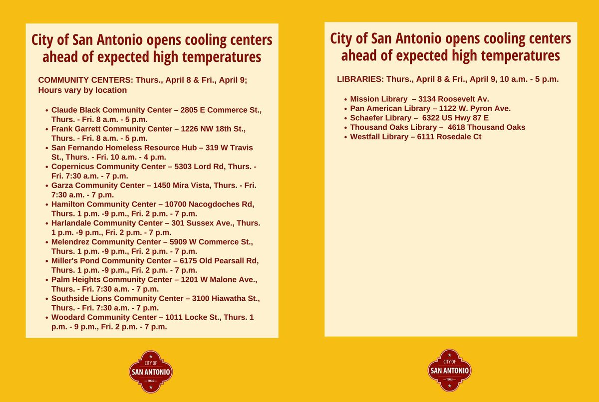 VoteViagran's tweet photo. Cooling centers ahead of expected high temperatures - 

South Side Lions Community Center - 3100 HIAWATHA ST
Harlandale Community Center  -  7227 BRIAR PLACE 
Mission Library - 3134 ROOSEVELT 
Pan American Library - 1122 WEST PYRON

MORE INFO: https://t.co/iEZh3FzIdT https://t.co/zoTfeZ5Iii