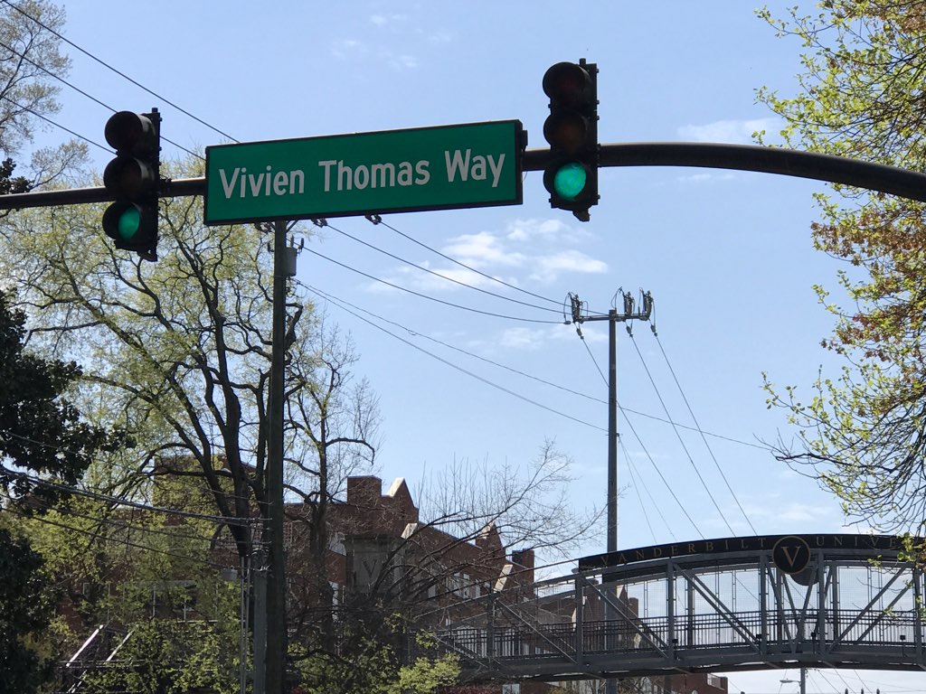 SparkMedia's tweet photo. Just received these great pictures of the newly named Vivien Thomas Way in #Nashville. It is so wonderful to see Thomas' legacy remembered in the town he grew up in and near @VanderbiltU, where his partnership with Dr. Blalock began. #VivienThomas #PartnersoftheHeart https://t.co/9iLh6k9TOy