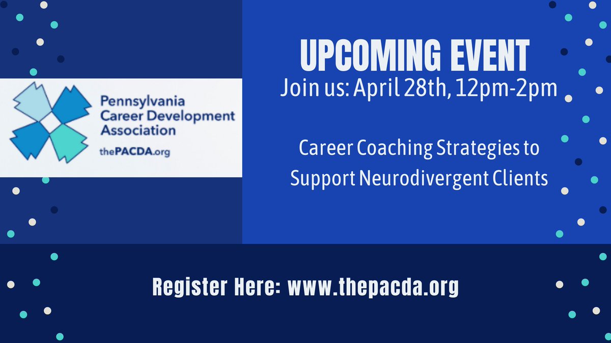 thePACDA's tweet photo. Join us on Wednesday, April 28th 12:00 PM - 2:00 PM for our next virtual event: Career Coaching Strategies to Support Neurodivergent Clients. Registration is available now at https://t.co/ox4j3Roz1o https://t.co/IpUdpN4Dds