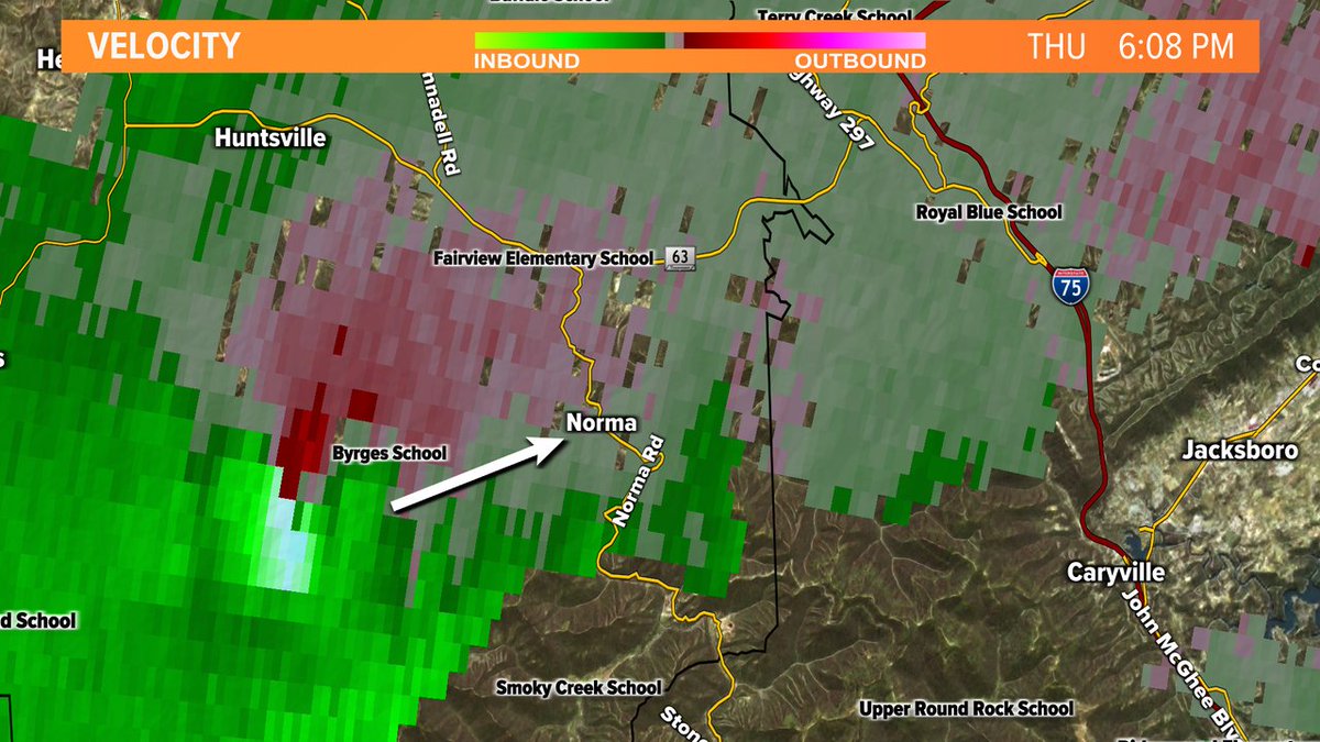 WBIRWeather's tweet photo. TAKE SHELTER if you live near Norma, Fairview Elementary School, Royal Blue School. This storm currently has some very tight rotation in place.  #10Weather https://t.co/c4ad3xKSj6