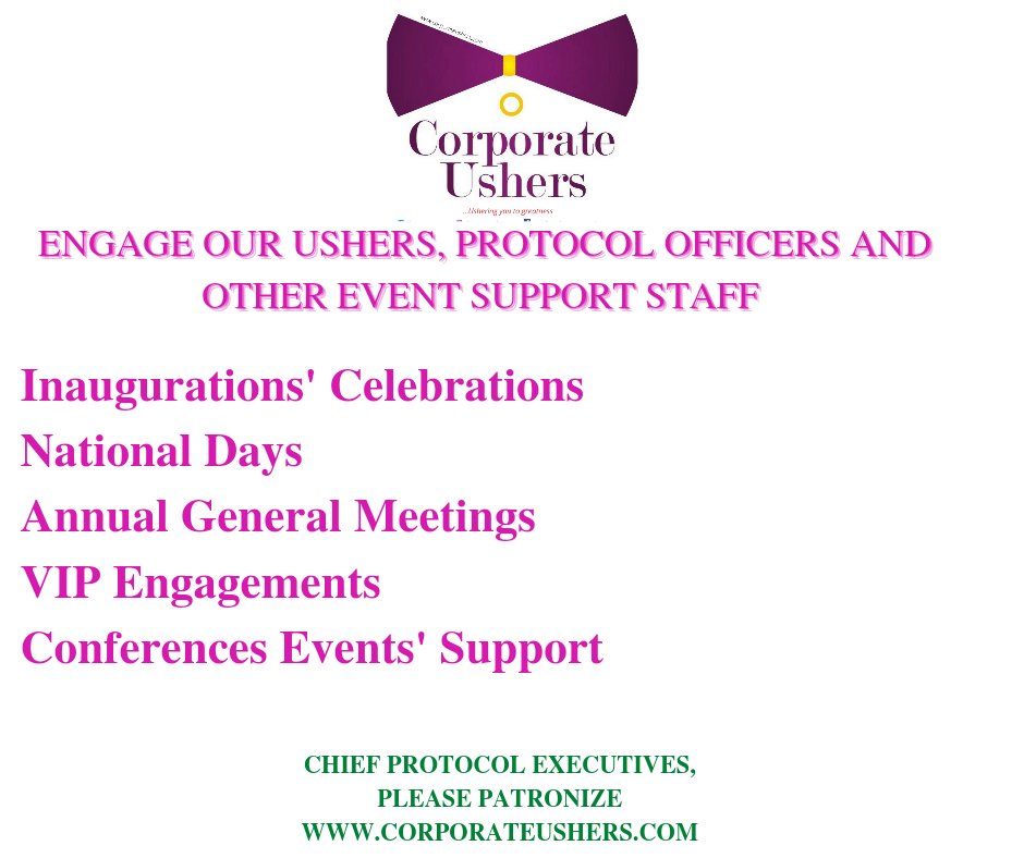 Ours is a Proffessional and a dedicated event support outfit. Please Patronize us @babakura_b , @etiquettelady1 @Toyal54K @LanreAdeyinka @MTNNG @NigeriaGov @jidesanwoolu @AlikoDangoteFdn @channelstv @CorporateUshers @the_psow