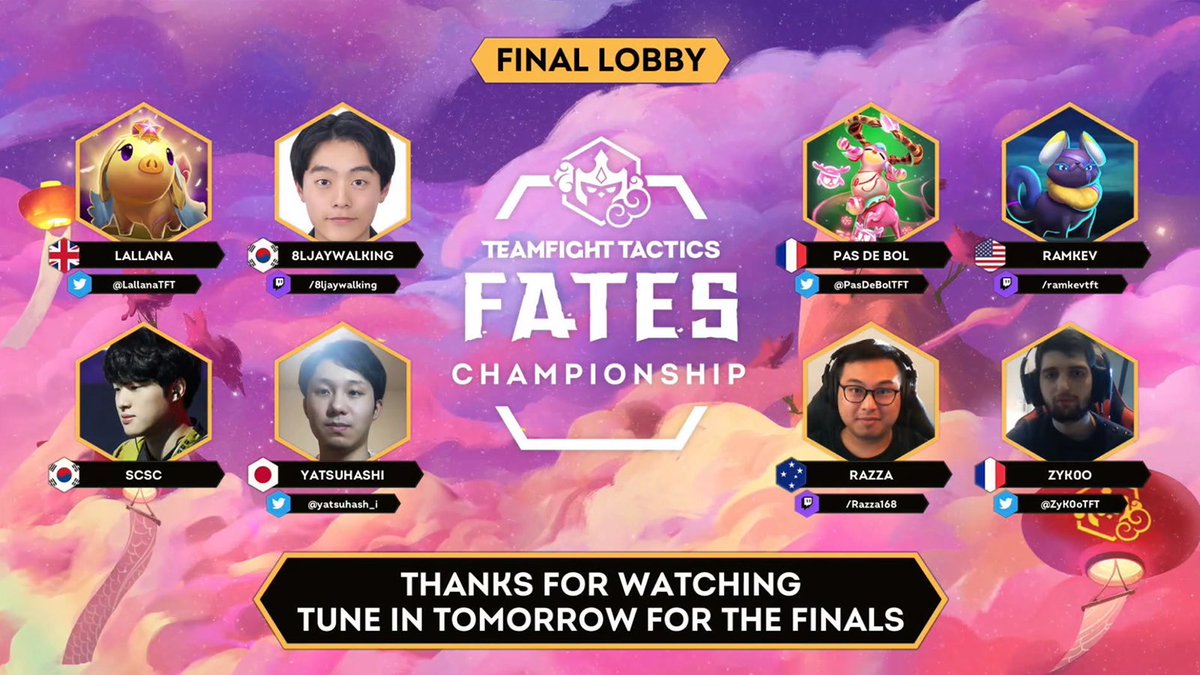 Here are the top 8 players competing for the title of Fates World Champion! Who are you rooting for? 

The show continues tomorrow at 5:00AM PDT/8:00PM CST!
📺 youtube.com/lolesports
🟣 twitch.tv/riotgames