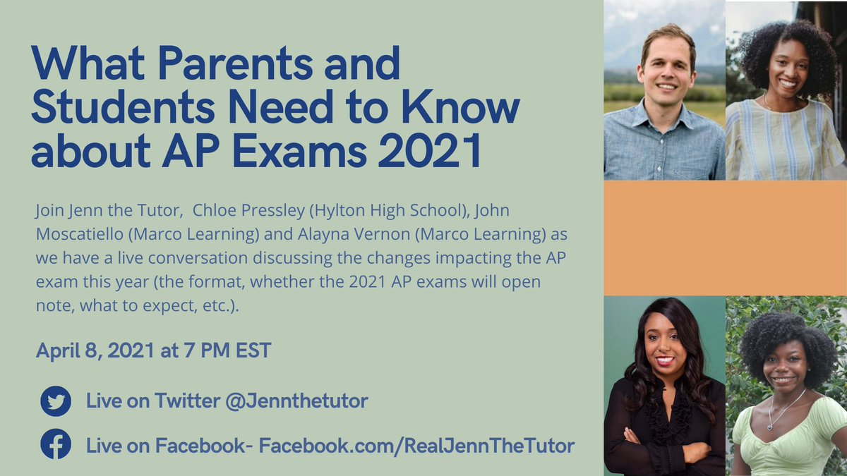 Join myself, and @Macrolearning <a href="/HookedonJohnics/">John Moscatiello</a> <a href="/AlaynaVernon9/">Alayna Vernon</a> and <a href="/ChloePressleySV/">Chloe</a> as we discuss the changes to AP exams and what parents/students/teachers need to know 

We are live here on Twitter and on Facebook at 7 PM EST tonight: facebook.com/realjennthetut…