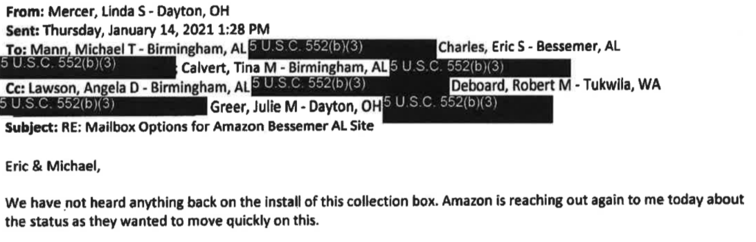 BREAKING: More Perfect Union has obtained emails showing that Amazon privately pressured USPS to install an illegal ballot dropbox during the union election in Bessemer, AL.The emails directly contradict public statements by USPS about the box's origins. There's more.