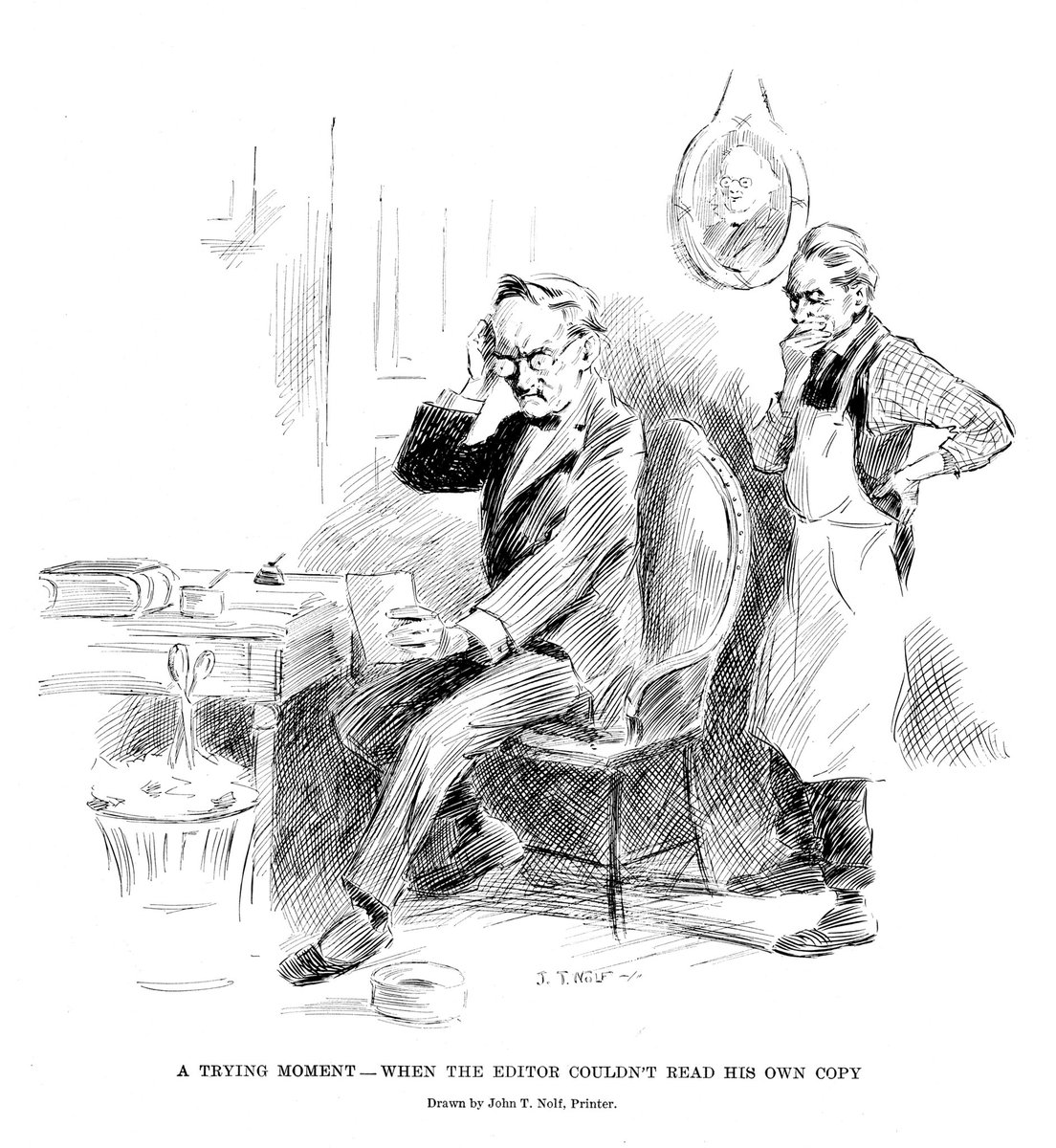ArchivesHiw's tweet photo. John Thomas Nolf, a former tramp printer, drew this for Inland Printer 1911. He travelled from PA to MO to OR and finally settled in Grand Detour, IL. A visit to @artinstitutechi triggered a career change from #printer to painter. Known for painting people and places around town. https://t.co/Qc5VmsrdcW
