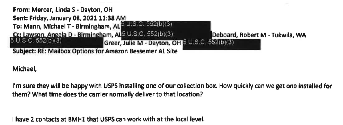 First, we learn that beginning Jan 8—one month before the union vote begins—Amazon repeatedly calls USPS’s “strategic account manager” to say they want to install their own box.USPS team deliberates Amazon's request and says a “private box may not be utilized.”
