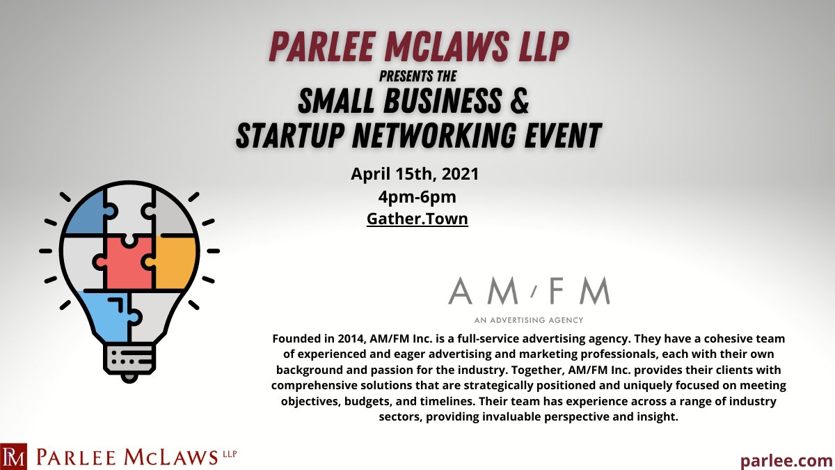 ParleeMcLawsLLP's tweet photo. Starting today, we're going to be featuring each of the amazing organizations that will be attending Parlee's FREE small &amp; start-up business event. First up is @AMFMyeg! This event is filling up fast, so register now: https://t.co/wplFJjQTtQ https://t.co/0k8P0jva44