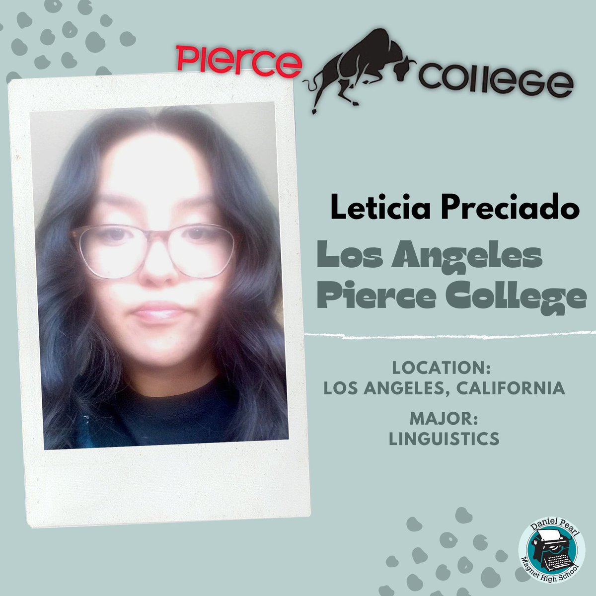 dpmhsclass2021's tweet photo. Congratulations to Senior Leticia Preciado for committing to Los Angeles Pierce College! 🐃✨(@PierceCollegeCA)
#dpmhs #piercecollege #classof2021 🎉 https://t.co/E1PzSSvF36