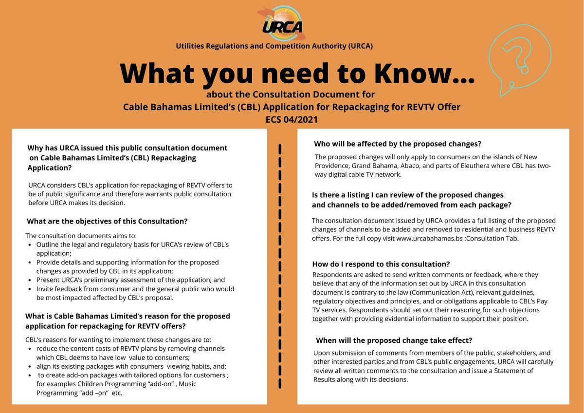 What you need to know about Cable Bahamas Limited's Application for Repackaging for REVTV Offers. 
Click the below👇 link for the full consultation Document urcabahamas.bs/consultations/…