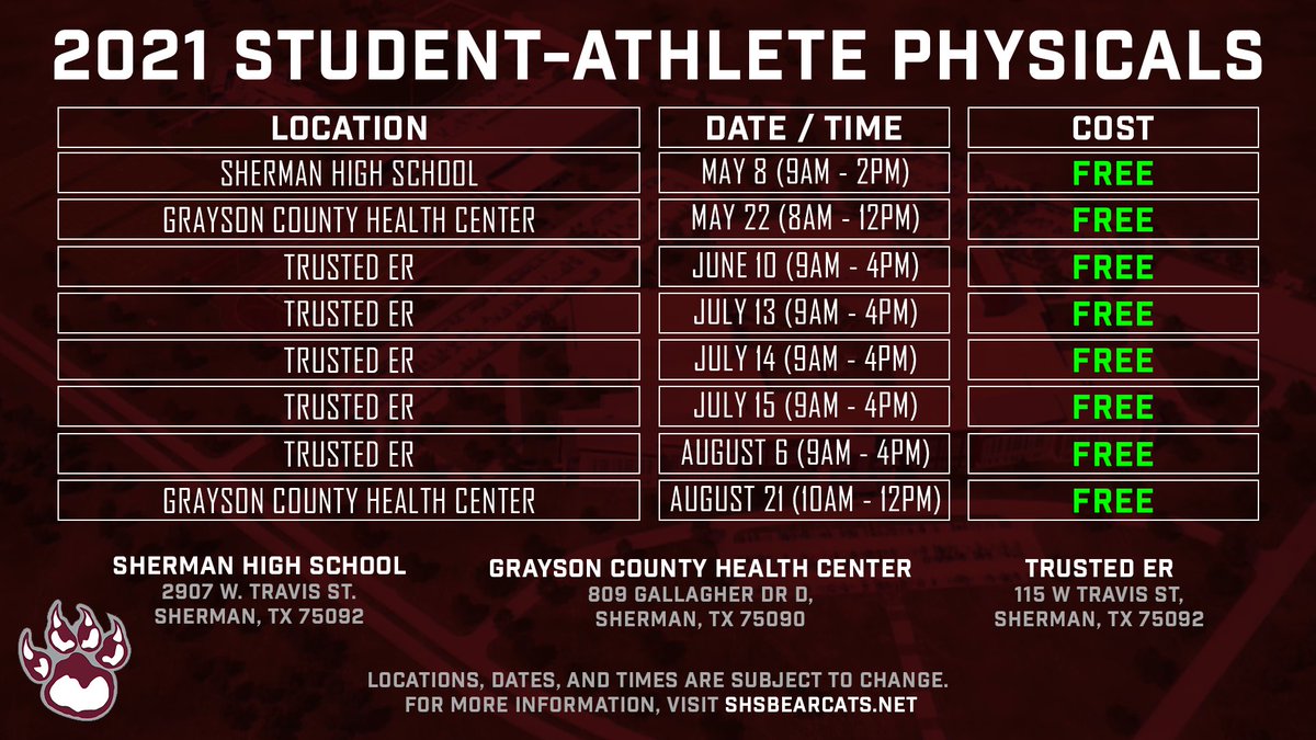 SHBearcatATH's tweet photo. It's never too early to prepare your child for next season. 

This list will be updated as new times, dates, and locations become available. For information, digital forms, and more, visit the 'Students/Parents' tab at https://t.co/pLChtZZsVY. https://t.co/SDBexqgJGZ