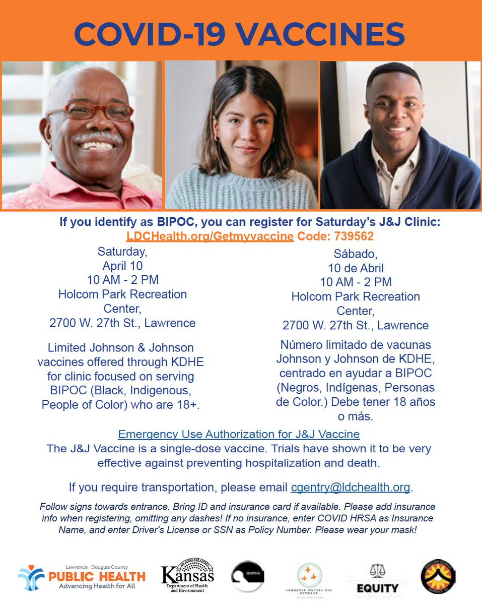 If you identify as BIPOC, you can register for Saturday’s Clinic in Lawrence with limited availability of Johnson &amp; Johnson doses, details below and here: bit.ly/39UEbMZ

#DGKSCOVID
<a href="/KDHE/">KDHE</a>