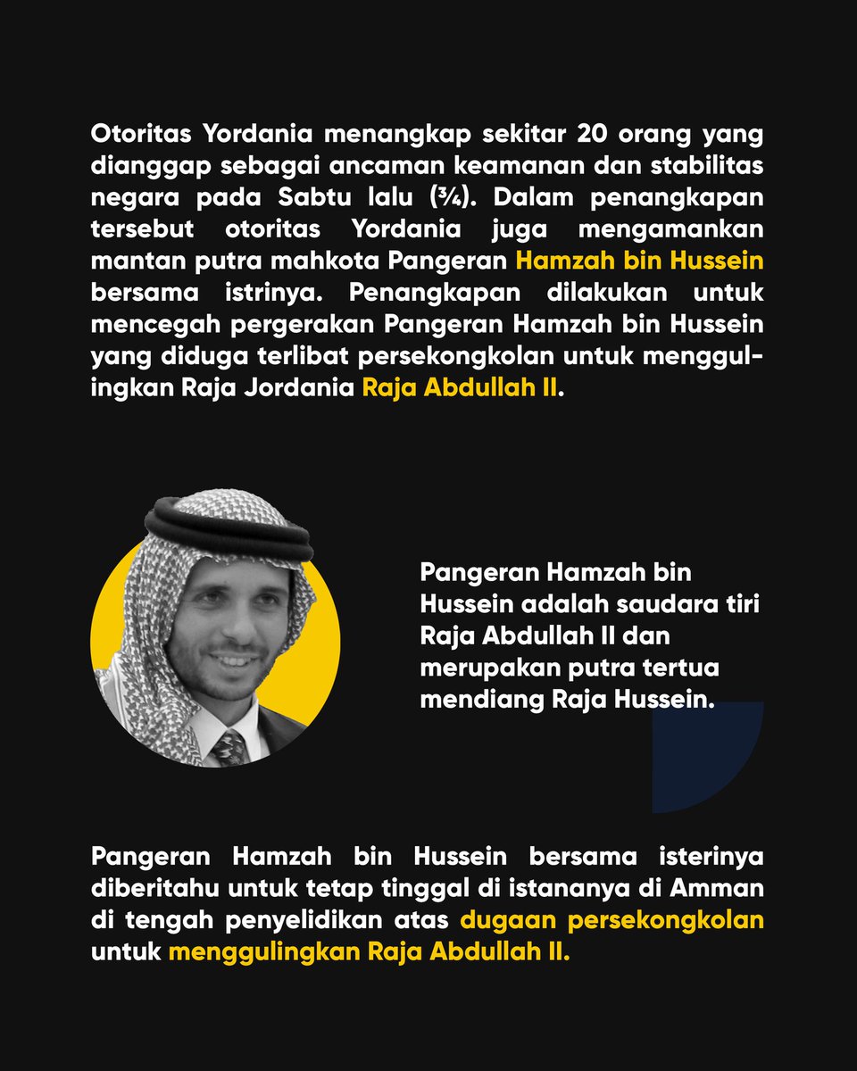 ir_corner's tweet photo. Situasi di Yordania semakin memanas usai pemerintah Yordania menangkap sekitar 20 orang yang diduga akan melakukan kudeta. Yuk, simak kronologi selengkapnya pada informasi berikut! 🇯🇴

#InternationalRelations #HubunganInternasional #IRCorner #Kudeta #Yordania https://t.co/YENG9Io8bw