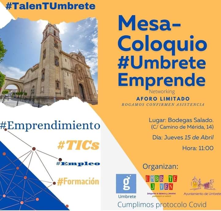 Vuelve #TalenTUm‼️ ¿Por qué no emprender ahora? Recursos y apoyo al espíritu emprendedor desde <a href="/AytoUmbrete/">Ayto. Umbrete</a> a través de <a href="/Guadaumbrete/">Punto Vuela Umbrete</a> os invitamos a Mesa-Coloquio #UmbreteEmprende  <a href="/RedGuadalinfo/">Vuela Guadalinfo</a> <a href="/INPRODipusevi/">INPRO DipuSevilla</a> <a href="/camaradesevilla/">Cámara de Comercio de Sevilla</a> <a href="/pablodeolavide/">Pablo de Olavide</a>  <a href="/fegarc/">Fernando G.Cumbreras</a> <a href="/joseM_feria/">José Manuel Feria</a> <a href="/umbrete_PIM/">P.I.M UMBRETE</a>