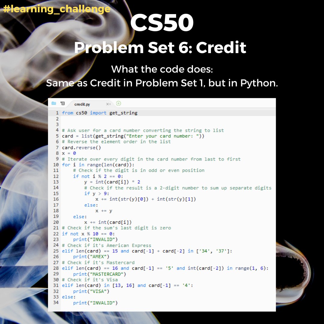 Dziyana9's tweet image. These are basically the same programs I made in C during weeks 1&2, but translated into #Python. They look much less cumbersome. Both because Python syntax is simpler and because I've learned how to use recursions and arrays since then.
(. ❛ ᴗ ❛.)
#learning_challenge #CS50
