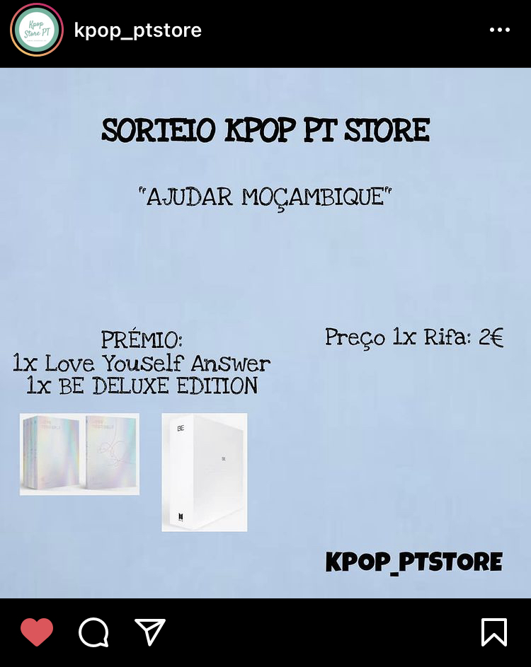 bangtan_express's tweet photo. 📣 "AJUDAR MOÇAMBIQUE"

A loja portuguesa Kpop PT Store (IG) criou um projeto solidário para ajudar Moçambique, o qual consiste em sortear 2 álbuns dos #BTS. O método de seleção será por rifas e cada rifa custa 2€!

PRAZO: 15/04

Toda a info aqui 👇🏻

🔗 https://t.co/rEz498Mi9U https://t.co/dWKdtI5a9R