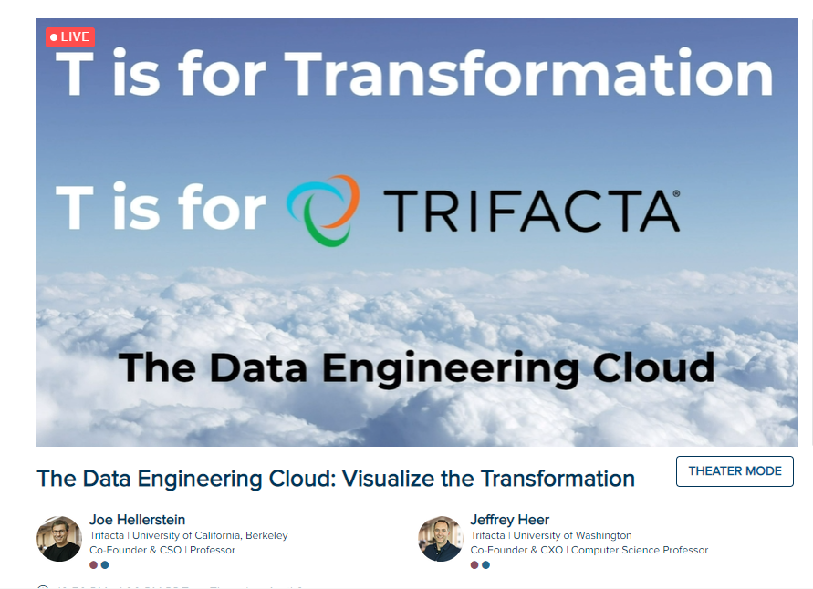 Trifacta's tweet photo. “Keep your eyes on the data, not the code...and keep it simple.”
@joe_hellerstein and @jeffrey_heer at #WrangleSummit talk transformation and the powerful potential of the #DataEngineering #Cloud.
Time to visualize your transformation. https://t.co/Vmr9avaPTK