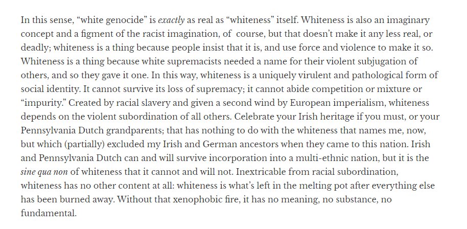 This essay from 2015 is one of the clearest registrations of the academic/activist concept of "whiteness" and its abolition that I've read and which informs my understanding of the project.  https://thenewinquiry.com/blog/buffalo-skulls/