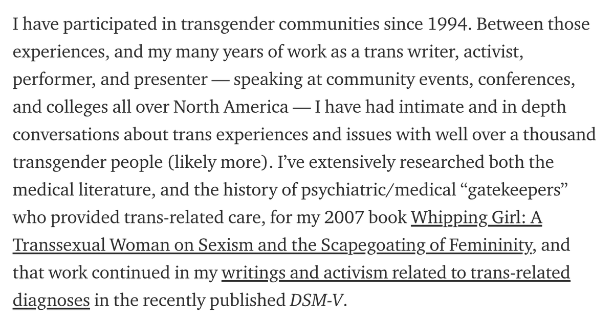 ...who's been following these issues for almost 20 years. here's my background. btw, unless specified otherwise, all screenshot quotes are from my essay Detransition, Desistance, and Disinformation: A Guide for Understanding Transgender Children Debates... https://juliaserano.medium.com/detransition-desistance-and-disinformation-a-guide-for-understanding-transgender-children-993b7342946e