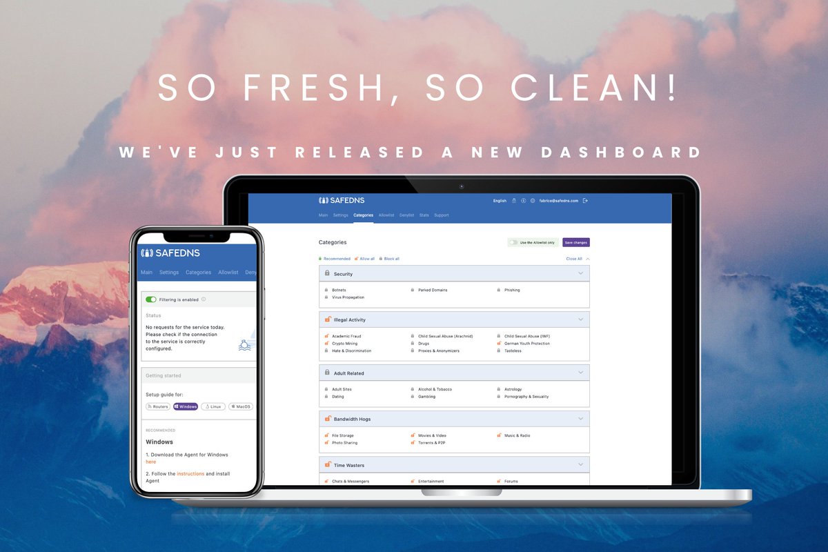 SafeDNS's tweet photo. A New Dashboard, So Fresh, So Clean! 

We are excited to release our newly designed web filtering dashboard. Learn more about its features and make sure to give us your feedback. 
#safedns #webfiltering https://t.co/mCaRf2Zeeh