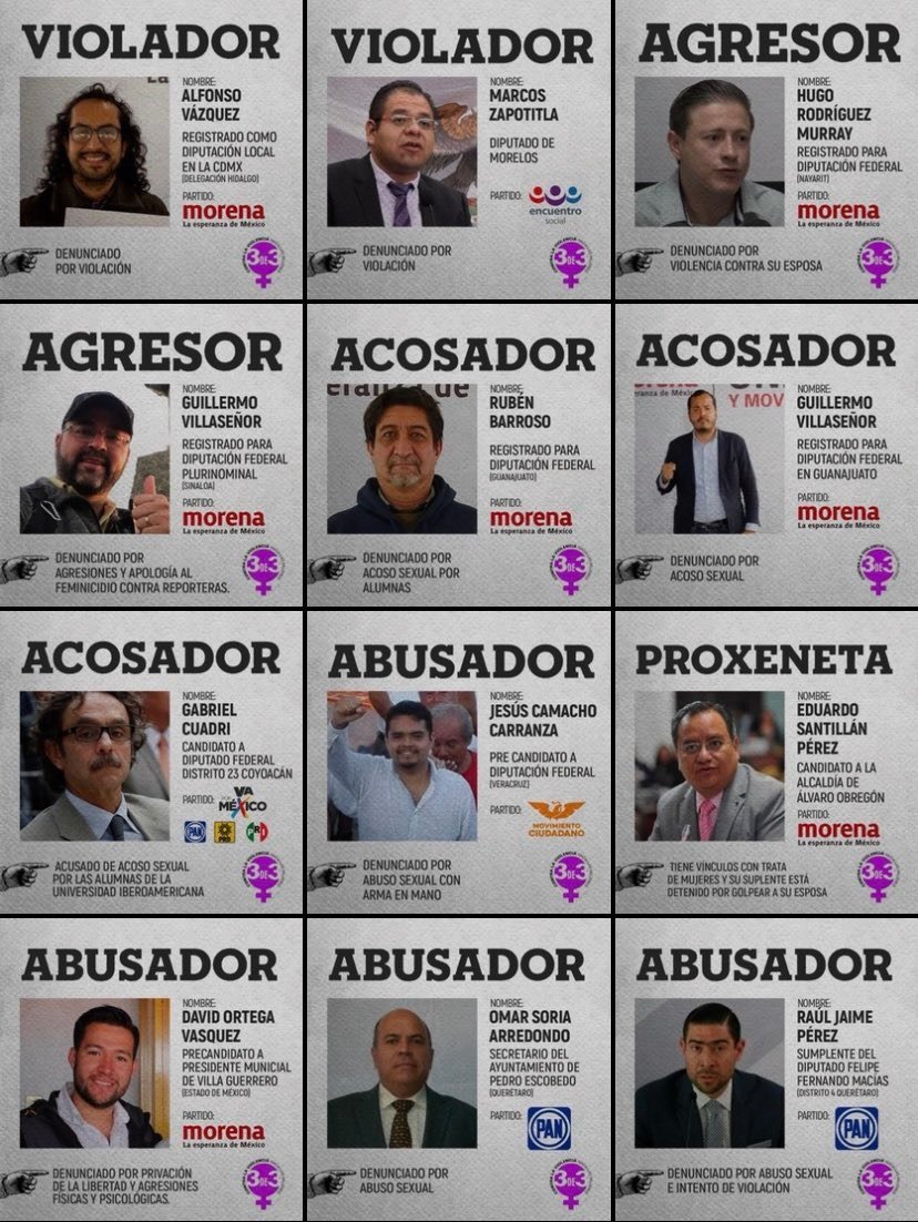 LagarrapataS22's tweet photo. ‼️@brujasdelmar exhibió a 26 candidatos, precandidatos u aspirantes a un cargo, de todos los partidos políticos, x tener acusaciones de agresiones a mujeres, acoso sexual, violación, igual a otros 10 legisladores y funcionarios. @INEMexico
 @plumadisidente
https://t.co/Use2mtH8ew https://t.co/WThO96wFZE