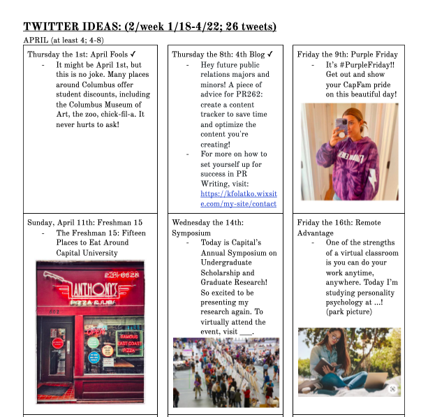 pr262kfolatko's tweet photo. Hey future public relations majors and minors at Capital U! A piece of advice for PR262 students: create a content tracker like this to save time and optimize the content you're creating!
For more on how to set yourself up for success in PR Writing, visit:
https://t.co/XDRNcBIgpw https://t.co/IUFdcSTmyW