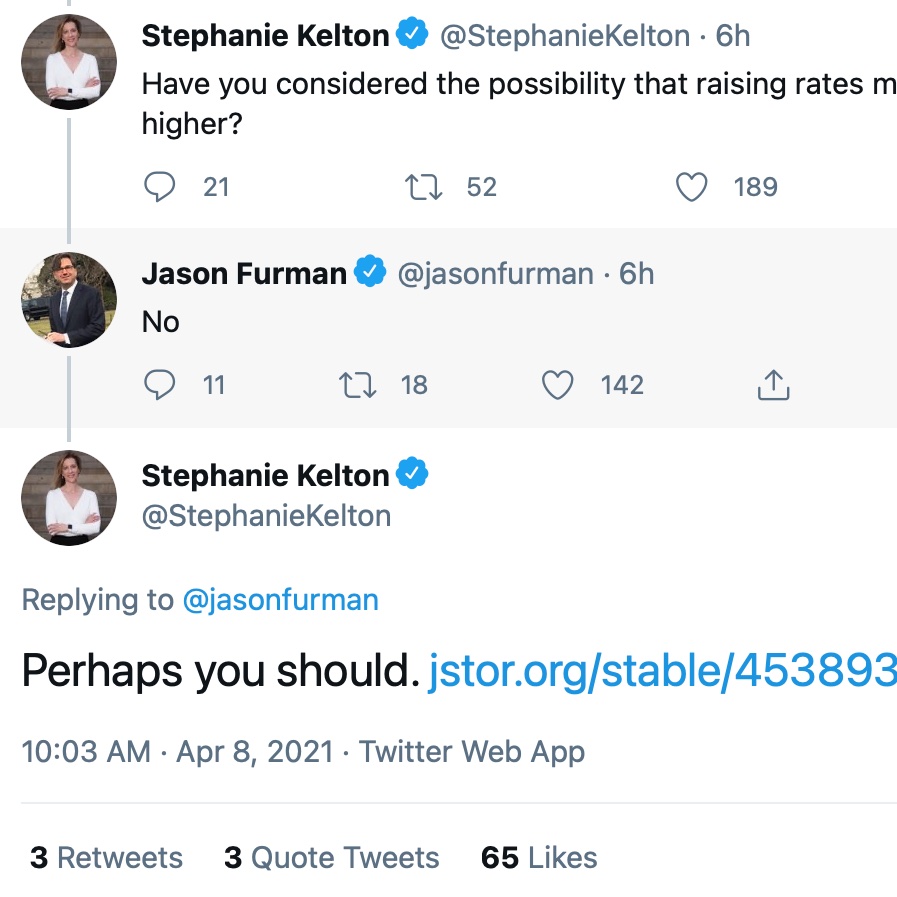Earlier today I had an exchange with  @StephanieKelton. She referred me to a paper. I read the paper and it makes my point and contradicts her claim.There is a broader lesson here about whether MMT is an alternative positive theory or normative frame. Thread.