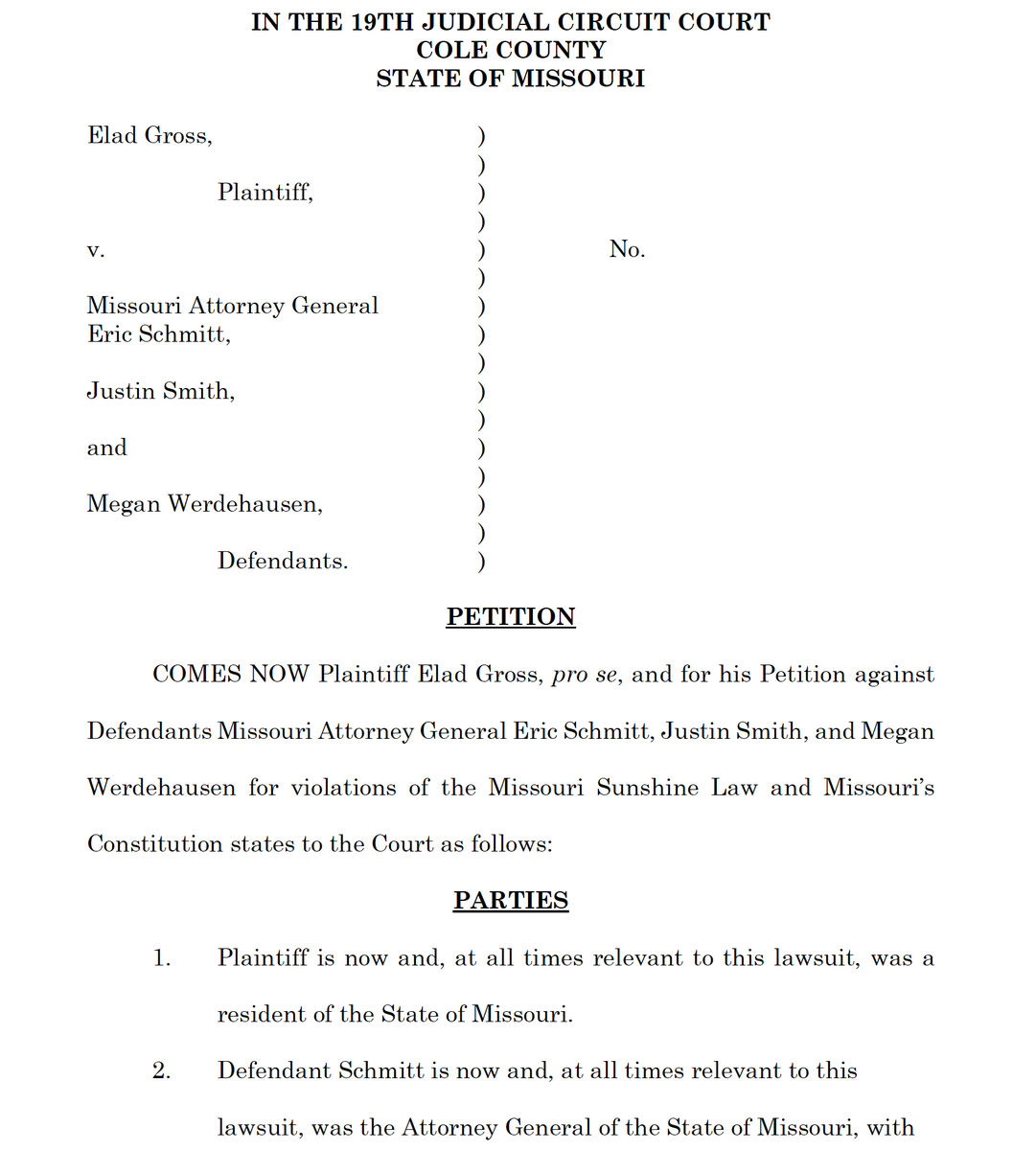 Today, I filed a lawsuit against Attorney General Eric Schmitt, his Chief of Staff and former Eric Greitens lawyer Justin Smith, and the custodian of records for the Missouri Attorney General's Office.Here's why:1/