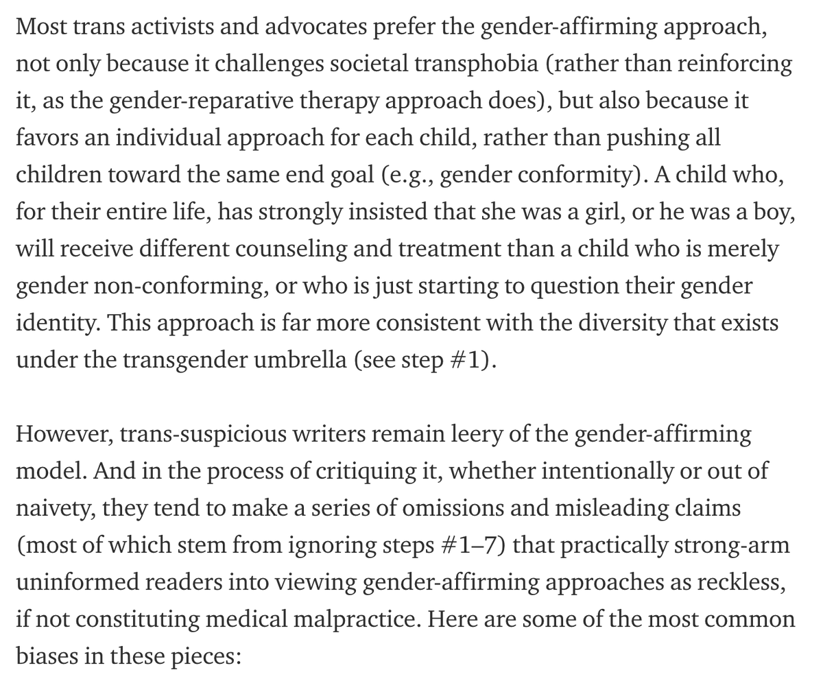 ...strict gatekeeping & gender reparative/conversion therapies (which favor cisgender outcomes at all costs) to gender affirmative approaches (that favor happy & healthy outcomes overall, whether those outcomes are cis or trans). as you will see from these quotes...