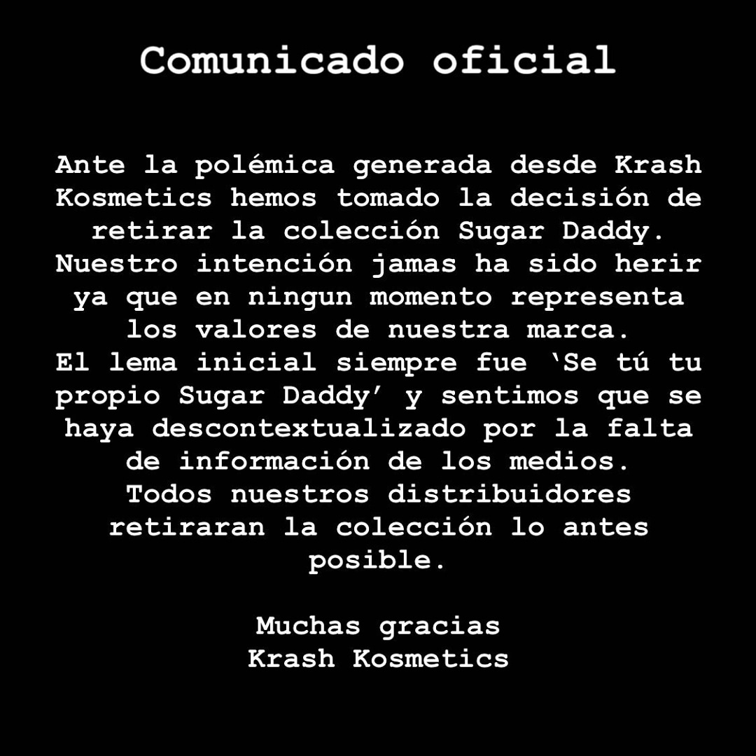marinamarroqui's tweet photo. La empresa @krashkosmetics anuncia la retirada de la colección #Sugardaddy 

Hay que ser consciente de que normalizar la prostitución, violencia de género o sexual influye en que muchas mujeres no puedan identificar el abuso al que son sometidas.
Gracias a tod@s por la difusión https://t.co/0EAd9g2zQ6