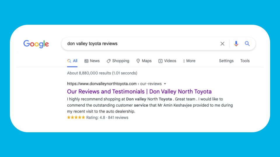 Take more control over your online reputation with the OPIO review feed. See how Don Valley North Toyotas’ own website is the first result when searching ‘Don Valley Toyota Reviews’ and appears with stars!

#reviews #onlinereviews #reputationmanagement #supportsmallbusiness