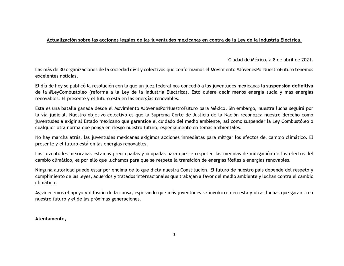 nuestrofuturoac's tweet photo. Buenísimas noticias: ¡Las organizaciones ambientalistas de jóvenes logramos la suspensión definitiva de la #LeyCombustóleo!  Es un logro del Movimiento #JóvenesPorNuestroFuturo para México.

#NoQuemenNuestroFuturo #JóvenesPorNuestroFuturo https://t.co/j4iBDkolpU