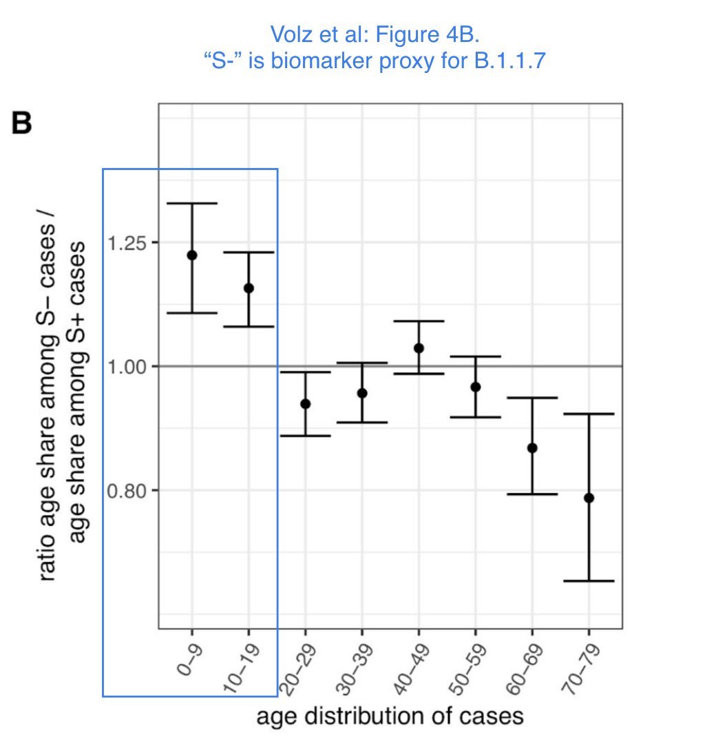 This adds to a lovely modelling paper by  @SarahDRasmussen (+ prev Imperial) demonstrating the shifting distribution of B117 cases towards these younger 0-19 ages.="likely...larger relative increase in infectiousness"3/ https://twitter.com/SarahDRasmussen/status/1374118553650085892