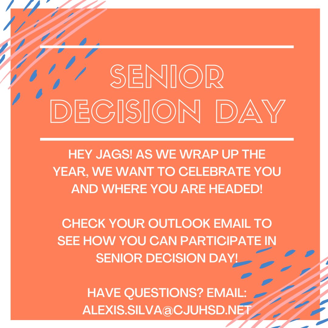 ohsjags's tweet photo. Hello, Class of 2021!!! Senior Decision Day is coming and we would like for everyone to participate‼️@OntarioHS @WeRtheO https://t.co/iI2LVjGD4x