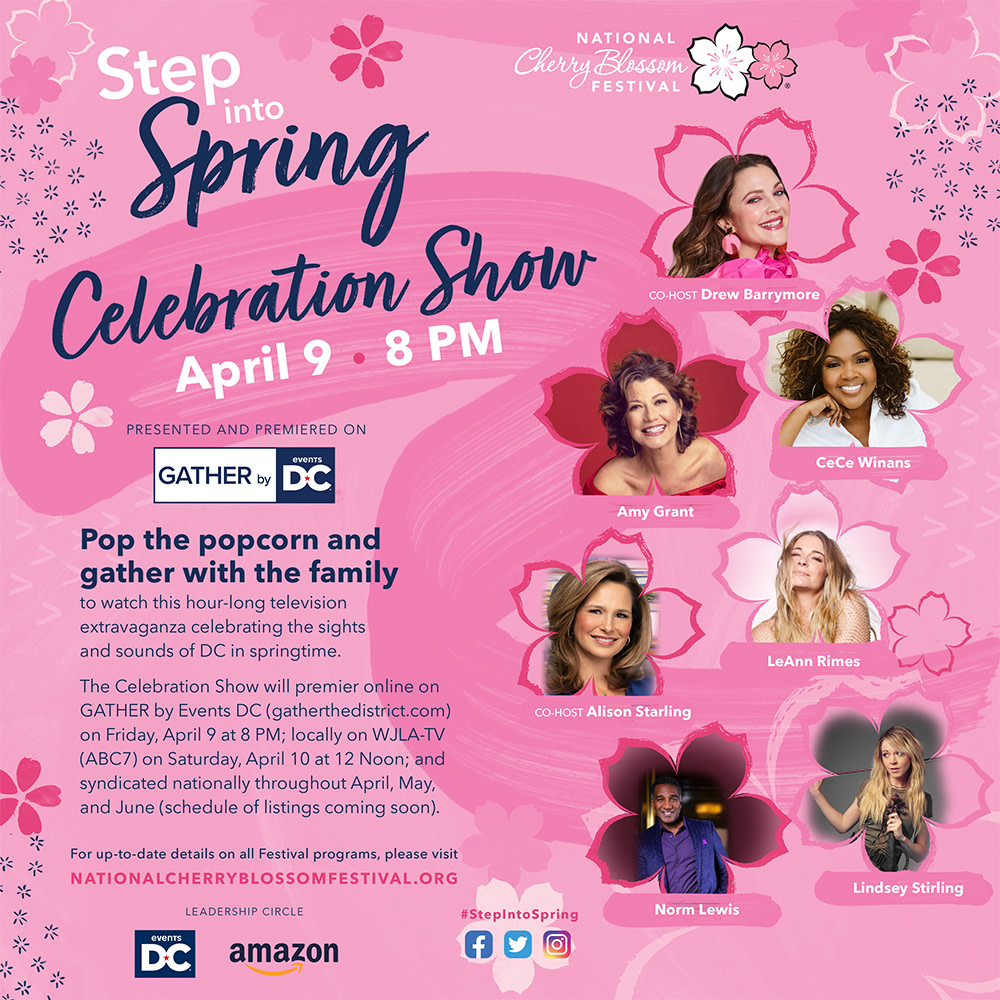 CherryBlossFest's tweet photo. Your FINALE WEEKEND lineup 💥🌸 🎉  On 4/9, grab a seat for the #CelebrationShow presented by and premiered on GATHER by @TheEventsDC! Then, the #PetalPorchParade presented by @Amazon will cruise through the #DMV on 4/10 &amp; 4/11. Snap photos 📲 &amp; share! https://t.co/NOiA9AjqeB https://t.co/kFh5rmsUVI