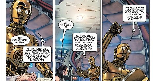 As expected, the Jedi scripture is not readily legible, as most of it was not written in Galactic Basic but in archaic languages that need to be translated first.So yes, Threepio's time to shine.(Panels from Poe Dameron comic)