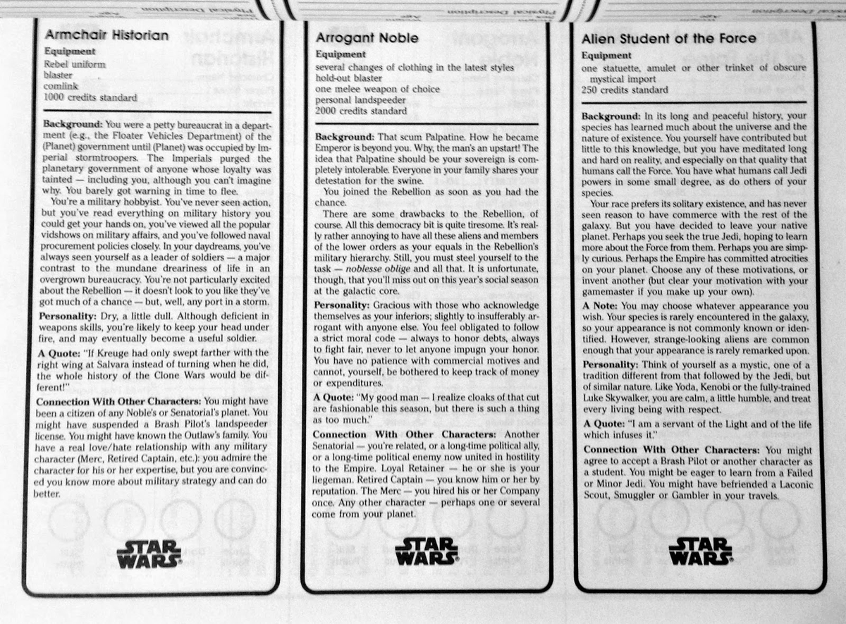 And finally, she has the help of Beaumont Kin, our favorite Armchair Historian, who's also a linguist and happy to help with the most obscure and technical sections of the sacred texts.(Pic: original Star Wars D6 rulebook)