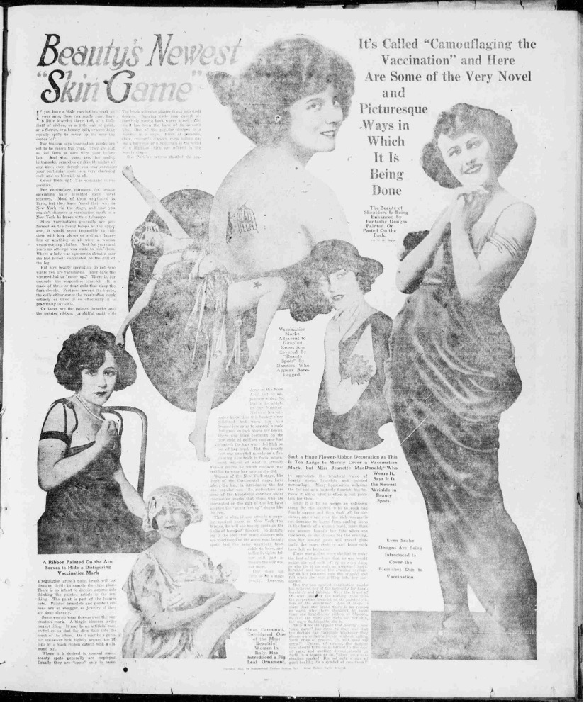 “If you have a little vaccination mark on your arm, then you really must have a little bracelet there, too, or a little fluff of ribbon…” This fascinating 1922 feature recommended covering their scars with serpentine bracelets, painted bracelets, and flowers.