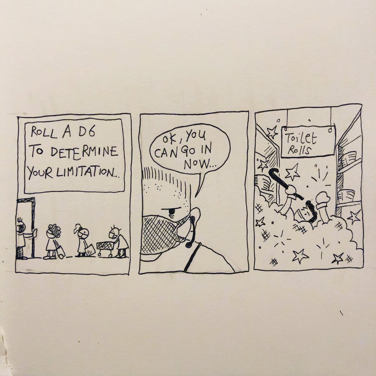 Silly comic from tonight’s <a href="/HSNOTTSComics/">Nottinghack Comics Making</a> Comics Making Group, based on random prompts. Remembering the great toilet roll wars of 2020.