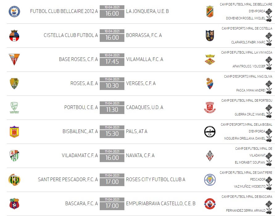 #3CatG16 - Jornada 11

<a href="/BellcaireCf/">CFBellcaire</a> - <a href="/UELaJonquera/">UE La Jonquera</a>
<a href="/cfcistella/">C.F. Cistella</a> - Borrassa FC
<a href="/cfbaseroses/">cfbaseroses</a> - <a href="/fcvilamalla/">FCVILAMALLA.DALMALIA</a>
<a href="/ae_roses/">AE ROSES</a> - <a href="/CFVerges/">C.F.Verges</a>
Portbou CE - <a href="/uecadaques/">Unió Eptva Cadaqués</a>
<a href="/AtlBisbalenc/">Atlètic Bisbalenc</a> - <a href="/atpalsoficial/">Atlètic Pals</a>
<a href="/viladamatcf/">cfviladamat</a> - <a href="/NavataCF/">Navata CF</a>
<a href="/fcsantpere/">F. C. Sant Pere Pescador</a> - @RosescityFC1
<a href="/fcbascara/">Futbol Club Bàscara</a> - <a href="/CF_EmpuriaCaste/">CF Empuriabrava-Castelló</a> B