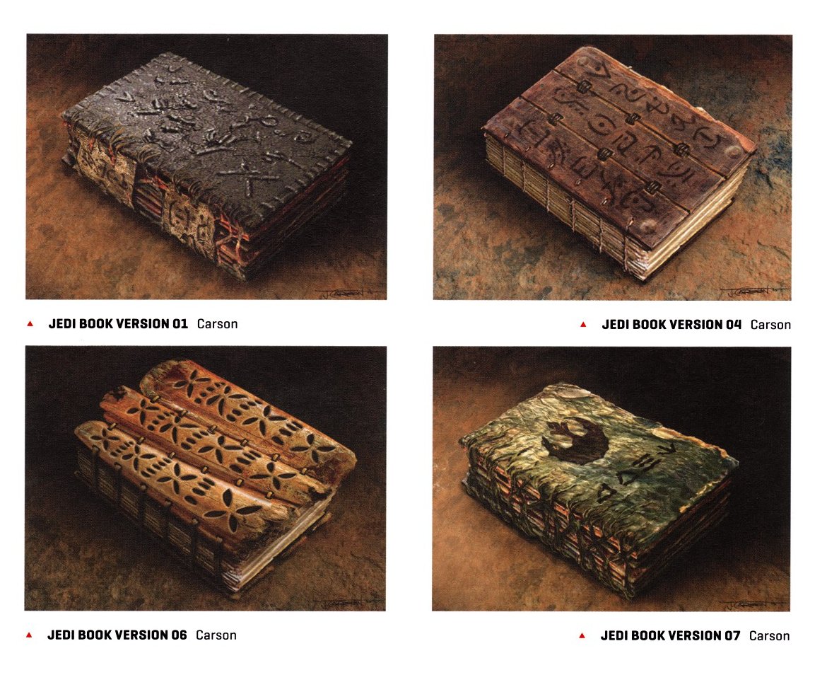 So, the sacred Jedi texts.There are eight volumes, but AFAIK, only five of them have been revealed.This book shows us the Rammahgon, the Aionomica (two volumes), and the Chronicles of Brus-bu. The junior novelization would add The Poetics of a Jedi.(Pic: Art of TLJ)