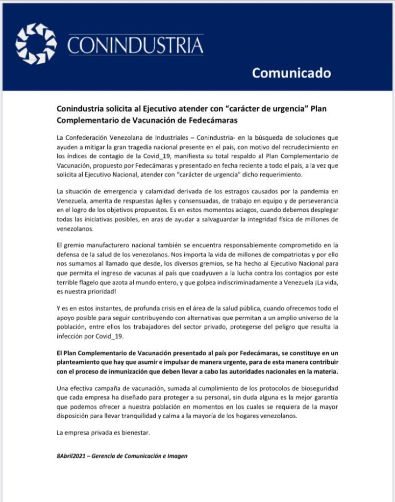 #Conindustria solicita al Ejecutivo atender con “carácter de urgencia” Plan Complementario de Vacunación de Fedecámaras

conindustria.org/conindustria-s…

#Covid19 #Gremios #Empresarios #Venezuela #Salud #LaEmpresaPrivadaEsBienestar #Vacunación