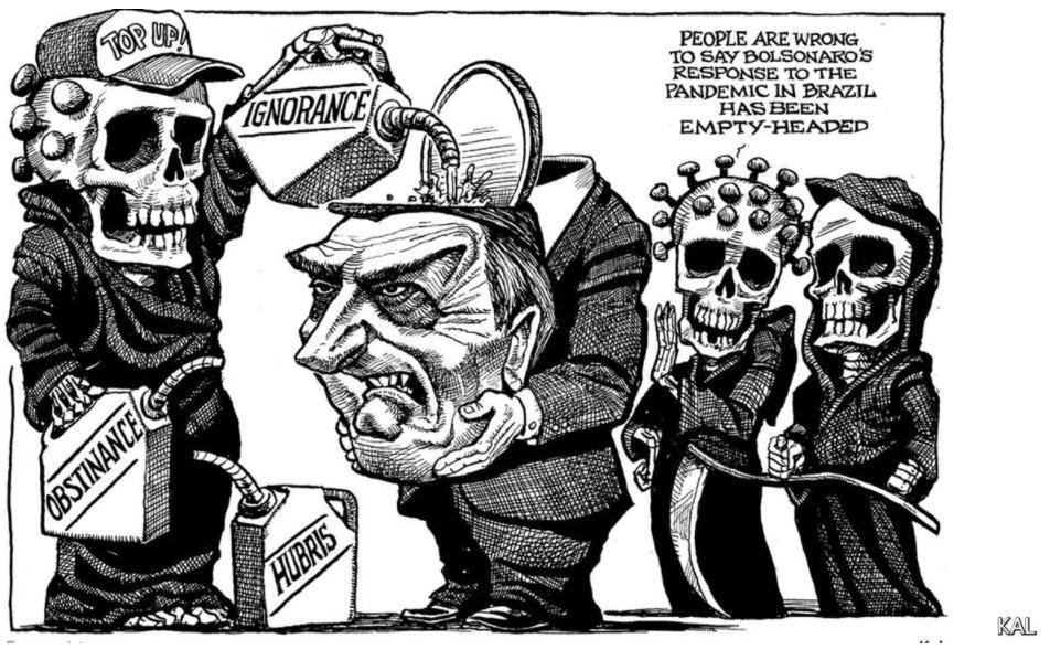gugachacra's tweet photo. 4.249 mortes registradas nesta quinta. O insubordinado deveria ser julgado por crimes contra a humanidade em Haia. Não tem como defender esta figura. Ele é bem o que mostra o cartoon da revista britânica The Economist https://t.co/gdh5eIgbhT