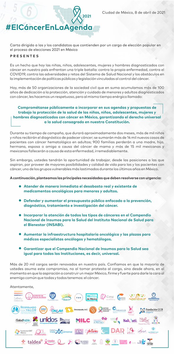 📌 Hoy más de 50 ONGs que luchamos 🆚 el #cáncer hacemos un llamado firme a #candidatas y #candidatos en 🇲🇽 a incluir #ElCáncerEnLaAgenda comprometiéndose a trabajar por los derechos y el bienestar de niñas, niños, mujeres y hombres con cáncer. 

No esperen a llegar al cargo.