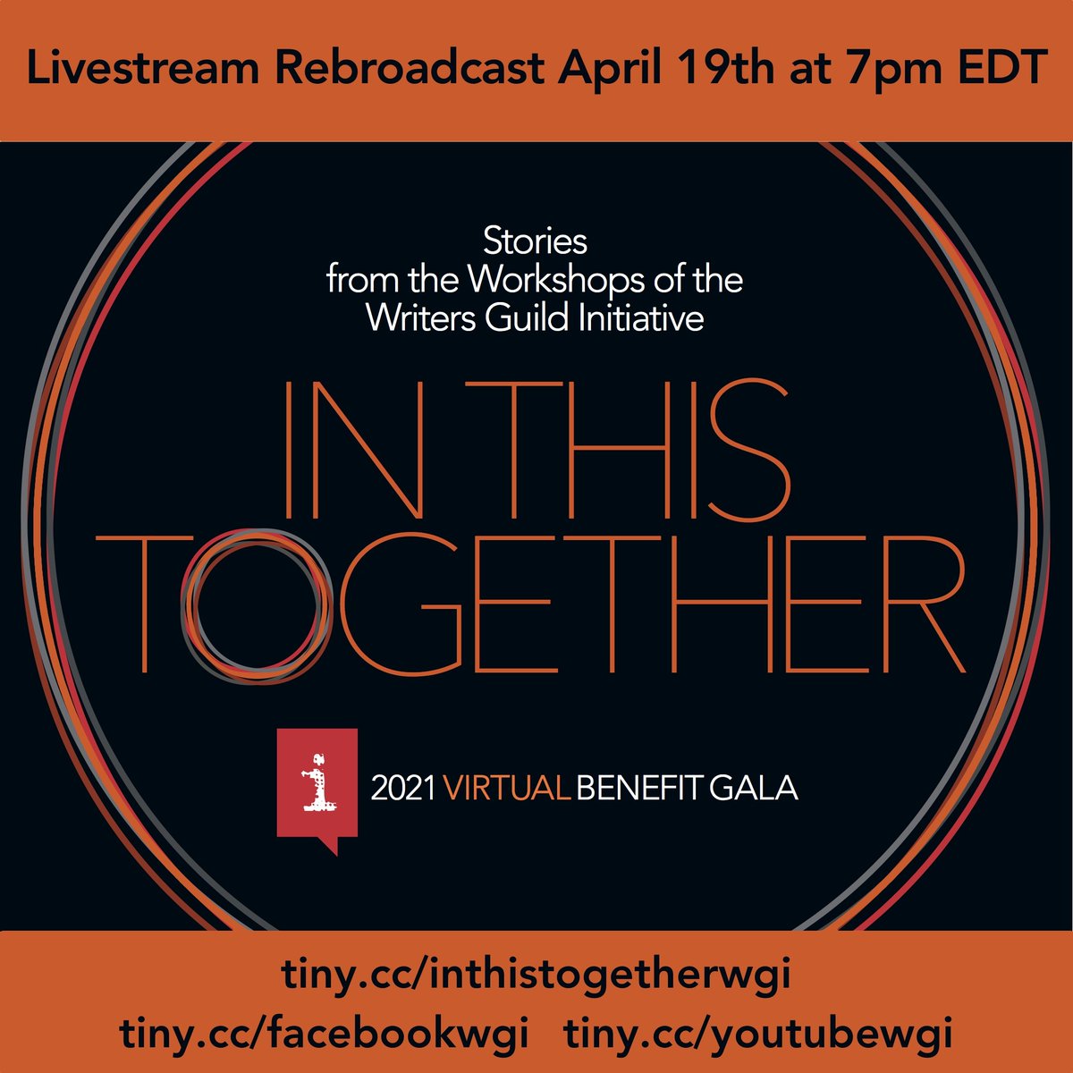 Join us 7PM EDT on 4/19 for IN THIS TOGETHER, our Virtual Gala celebrating stories from our writing workshops and the 2021 Michael Collyer Memorial Fellow, @OmidIranikhah! Stories will be performed by Kathryn Hahn, Matthew Rhys, Meryl Streep + more! tiny.cc/inthistogether…