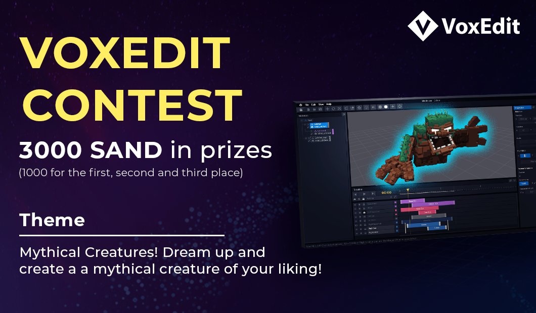 VoxEdit's tweet photo. 3,000 $SAND is up for grabs in the "Mythical Creatures" #VoxEdit contest! Create the next @TheSandboxGame mythical creature #NFT asset! 🐉

Check out the details 👉 https://t.co/89UNJkke1A

#art #3dart #voxels #voxelart https://t.co/R1wF9LrK8C
