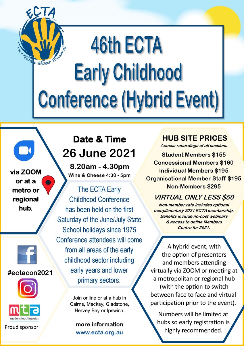 ectaqld's tweet photo. ECTA Early Childhood Conference Saturday 26 June 2021 Registrations OPEN HYBRID EVENT - Online or at a hub site (Ipswich, Cairns, Mackay, Gladstone, Wide Bay) 
[Campaign URL] 
Non-Member $295  ECTA Members $195  ZOOM only $50 less.
All attendees access recordings of all sessions. https://t.co/WgUoPtit2I
