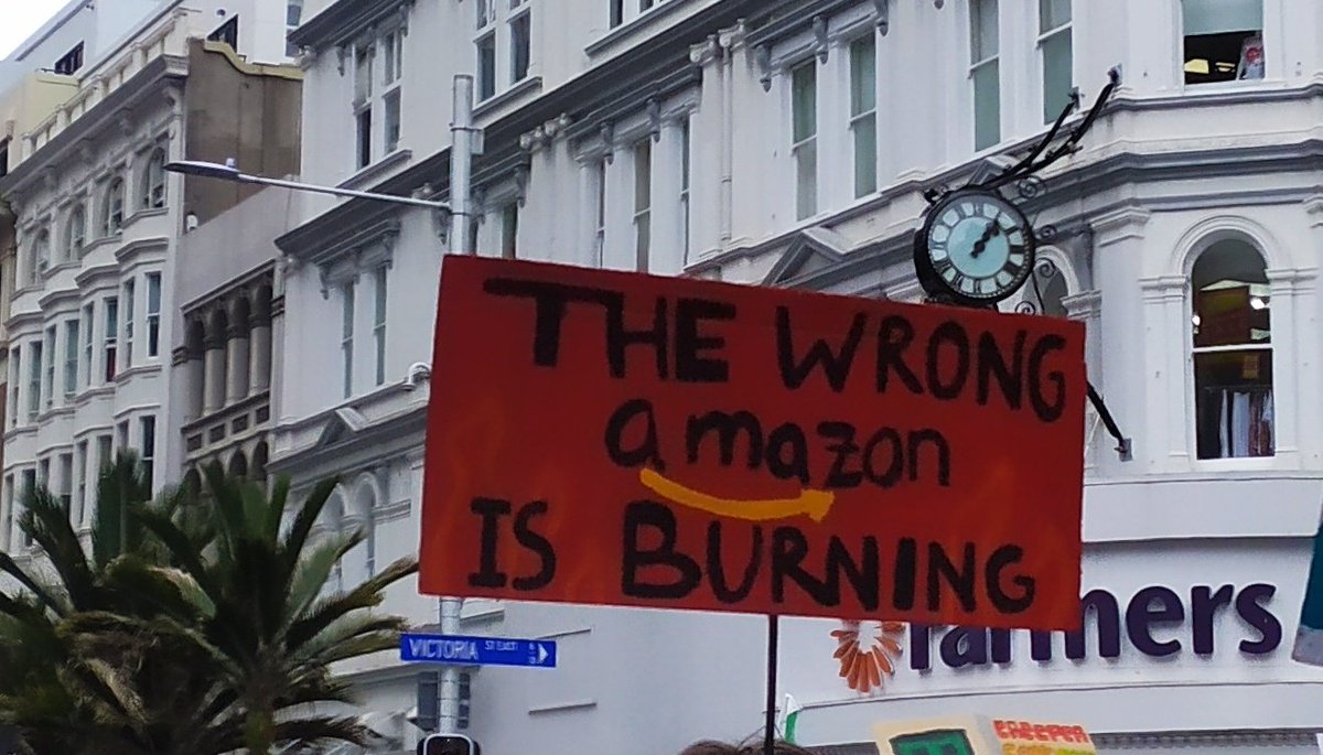 theluqmanarian's tweet photo. "The wrong Amazon is burning".
Placard of the day. Tāmaki Makaurau Aotearoa #schoolstrike4climate #SchoolStrikeNZ  #ClimateAction #DismantleCapitalism https://t.co/qPSNfA4ARA
