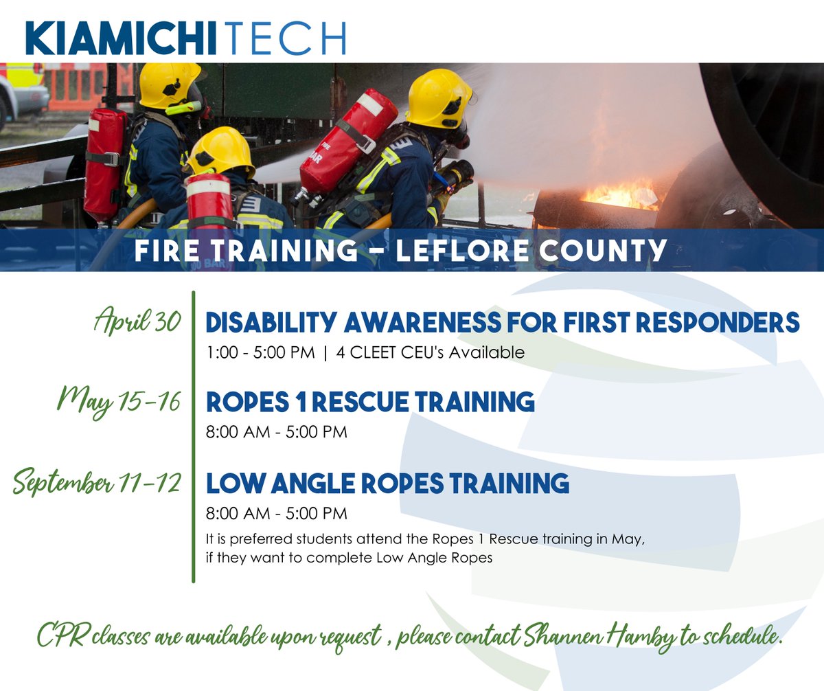 Check out some of the upcoming fire training classes.

Contact Shannen Hamby by clicking on the link below or give her a call at (918) 647-4525

ktc.edu/466966_3?perso…